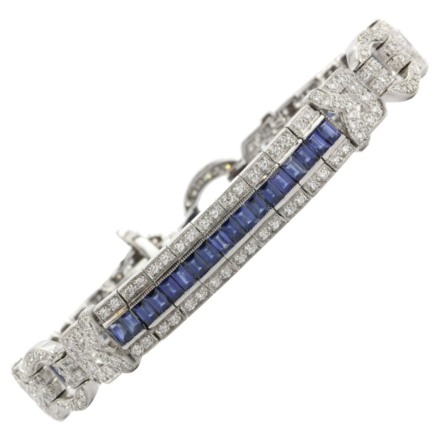Antique Art Deco 18K White Gold Diamond & Sapphire Tennis Bracelet