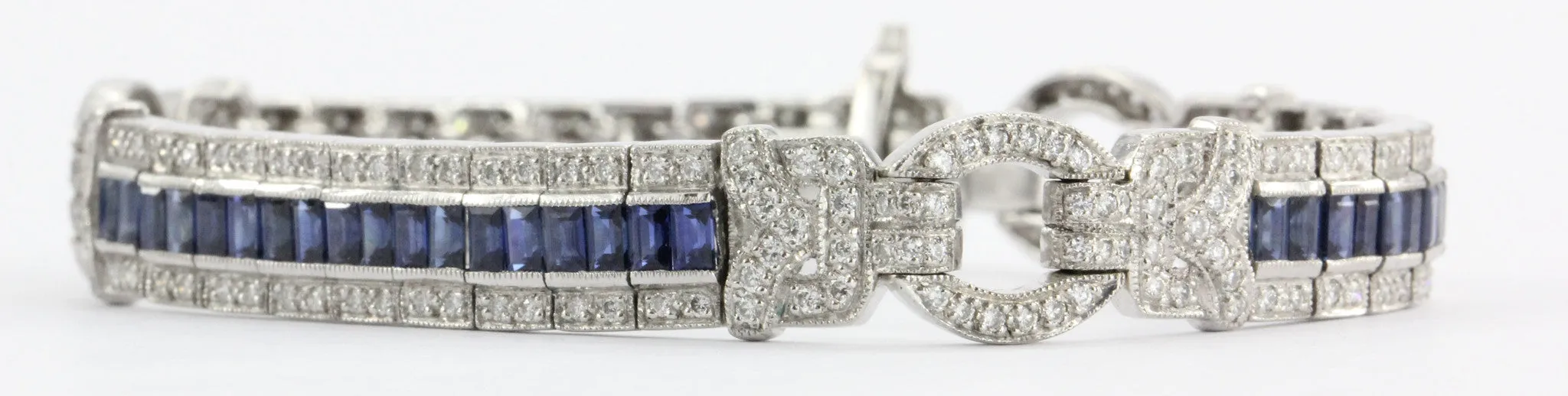 Antique Art Deco 18K White Gold Diamond & Sapphire Tennis Bracelet
