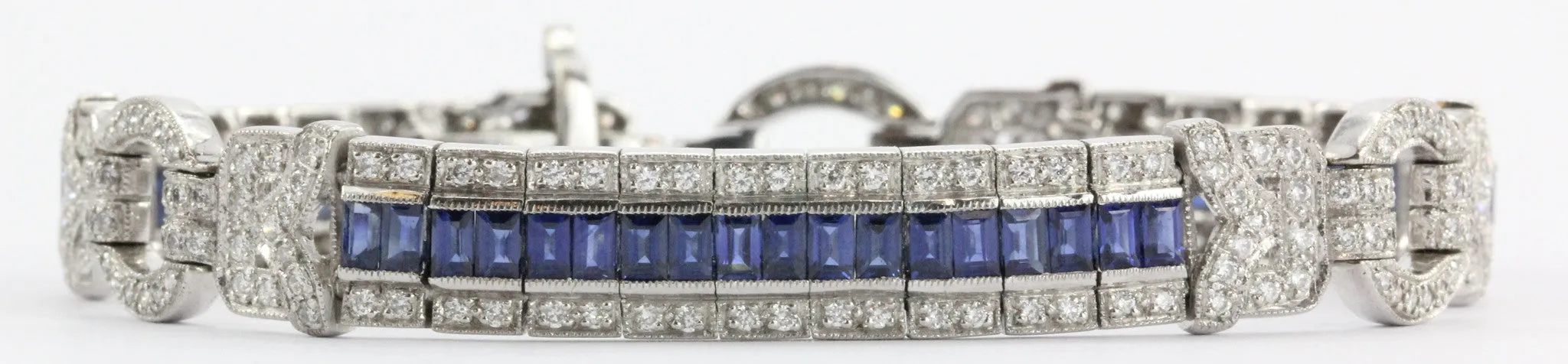 Antique Art Deco 18K White Gold Diamond & Sapphire Tennis Bracelet