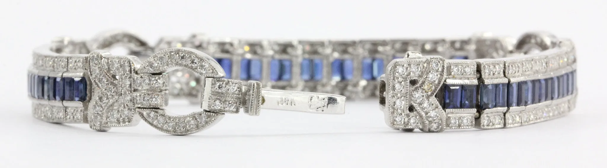 Antique Art Deco 18K White Gold Diamond & Sapphire Tennis Bracelet