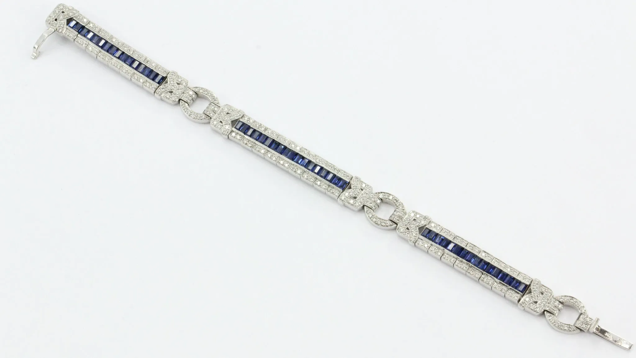 Antique Art Deco 18K White Gold Diamond & Sapphire Tennis Bracelet
