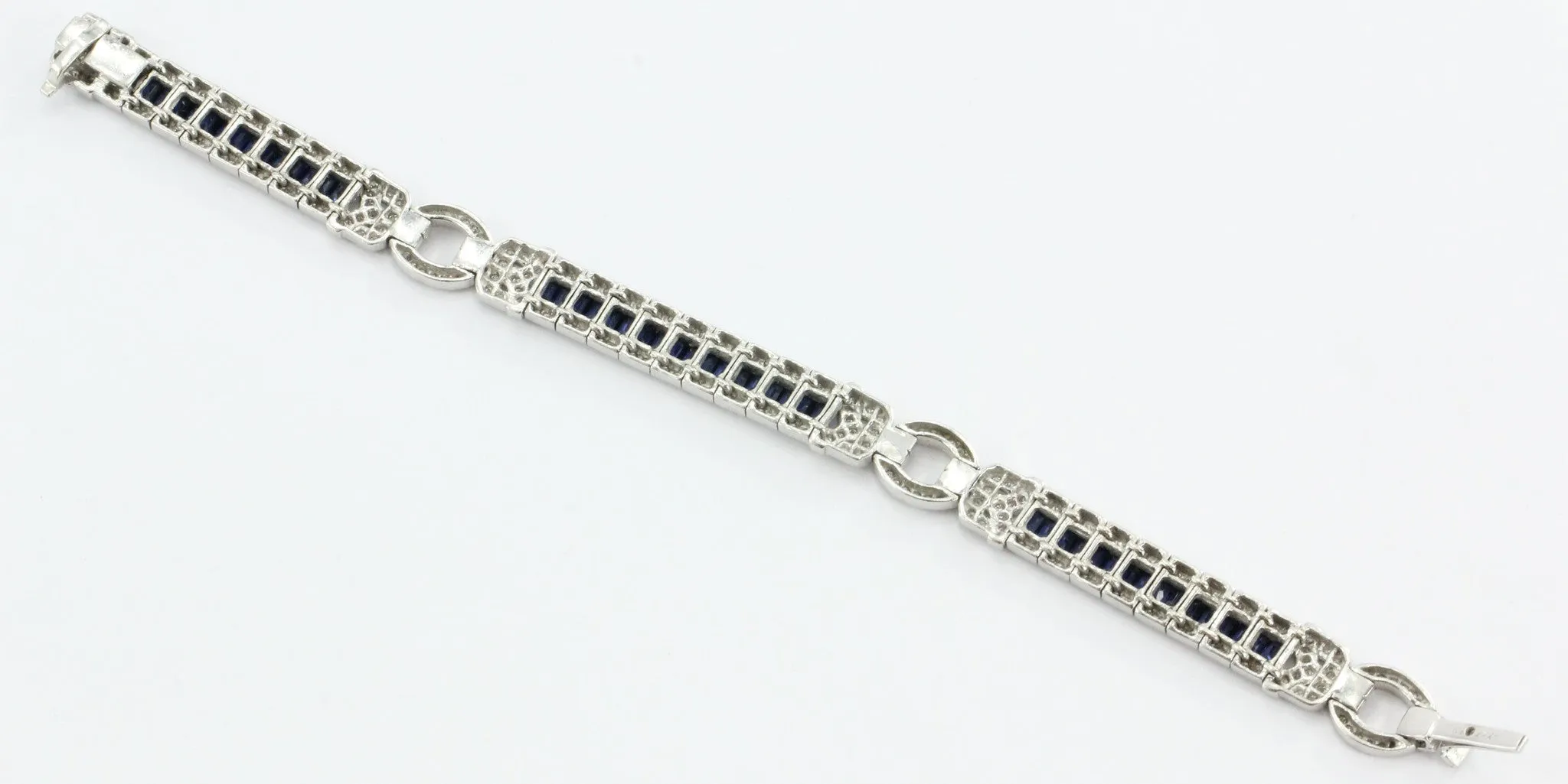 Antique Art Deco 18K White Gold Diamond & Sapphire Tennis Bracelet
