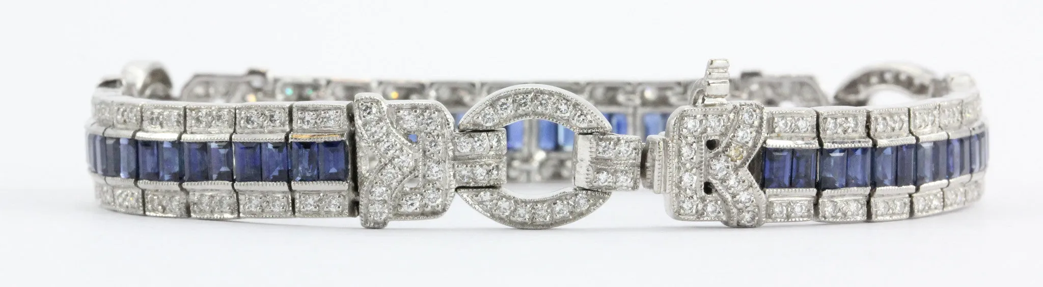 Antique Art Deco 18K White Gold Diamond & Sapphire Tennis Bracelet