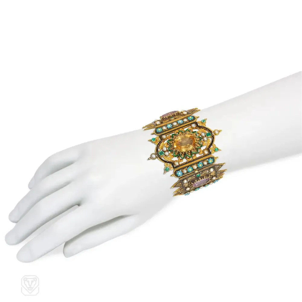 Antique Gothic Revival multi-gem and enamel panel bracelet