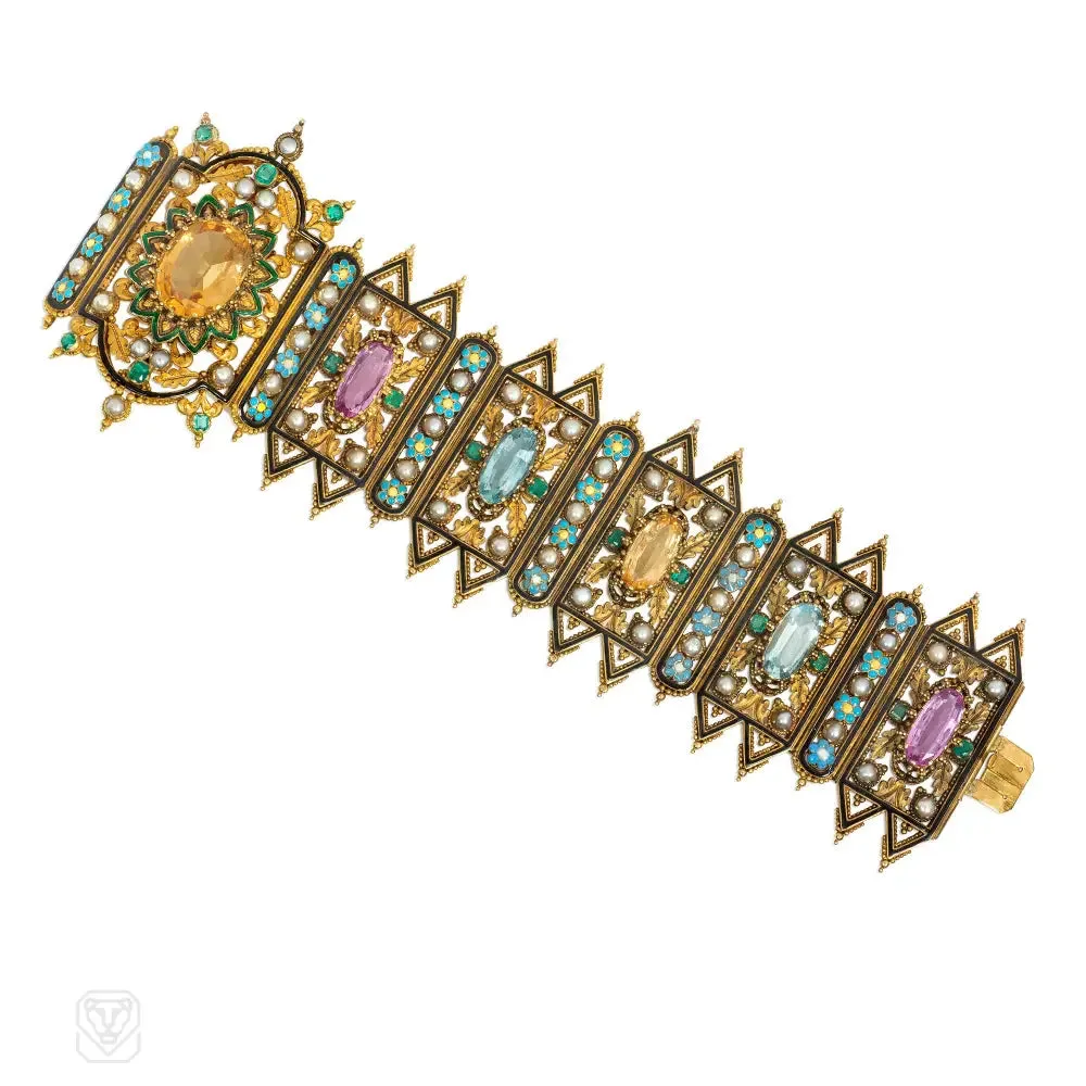 Antique Gothic Revival multi-gem and enamel panel bracelet