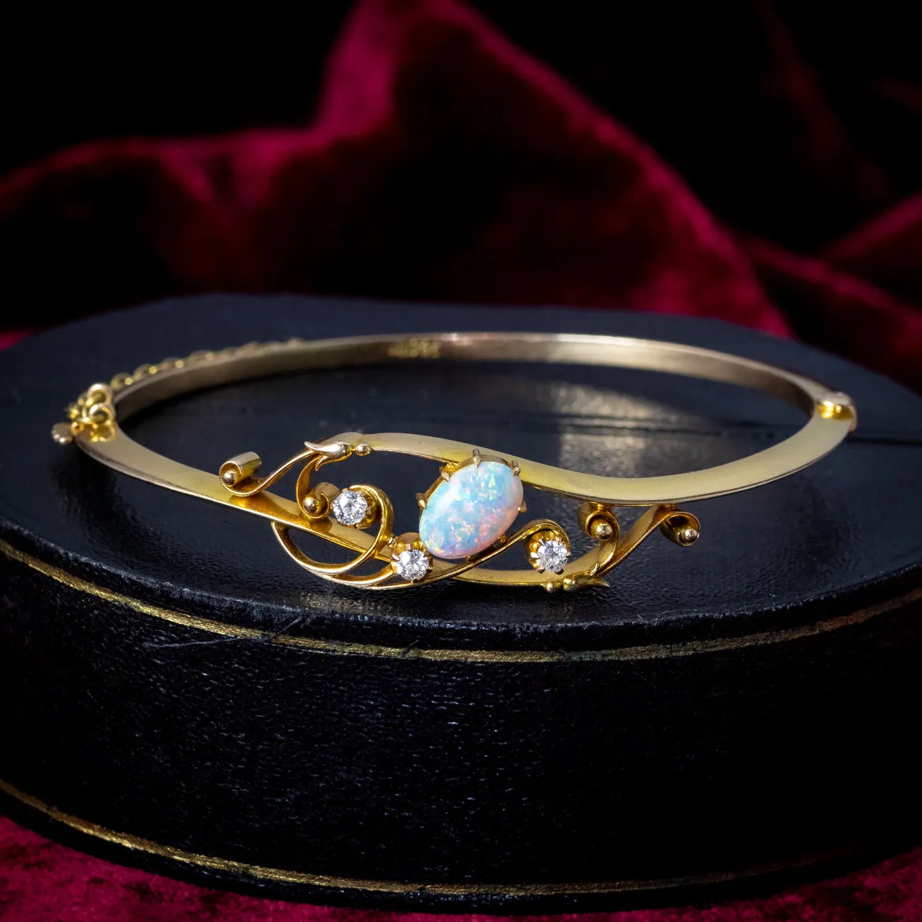 Antique Victorian Art Nouveau Opal Diamond Bangle 15ct Gold