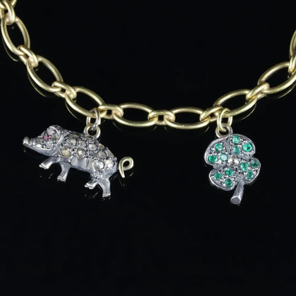 Antique Victorian Charm Bracelet Diamond 18Ct Gold Circa 1900