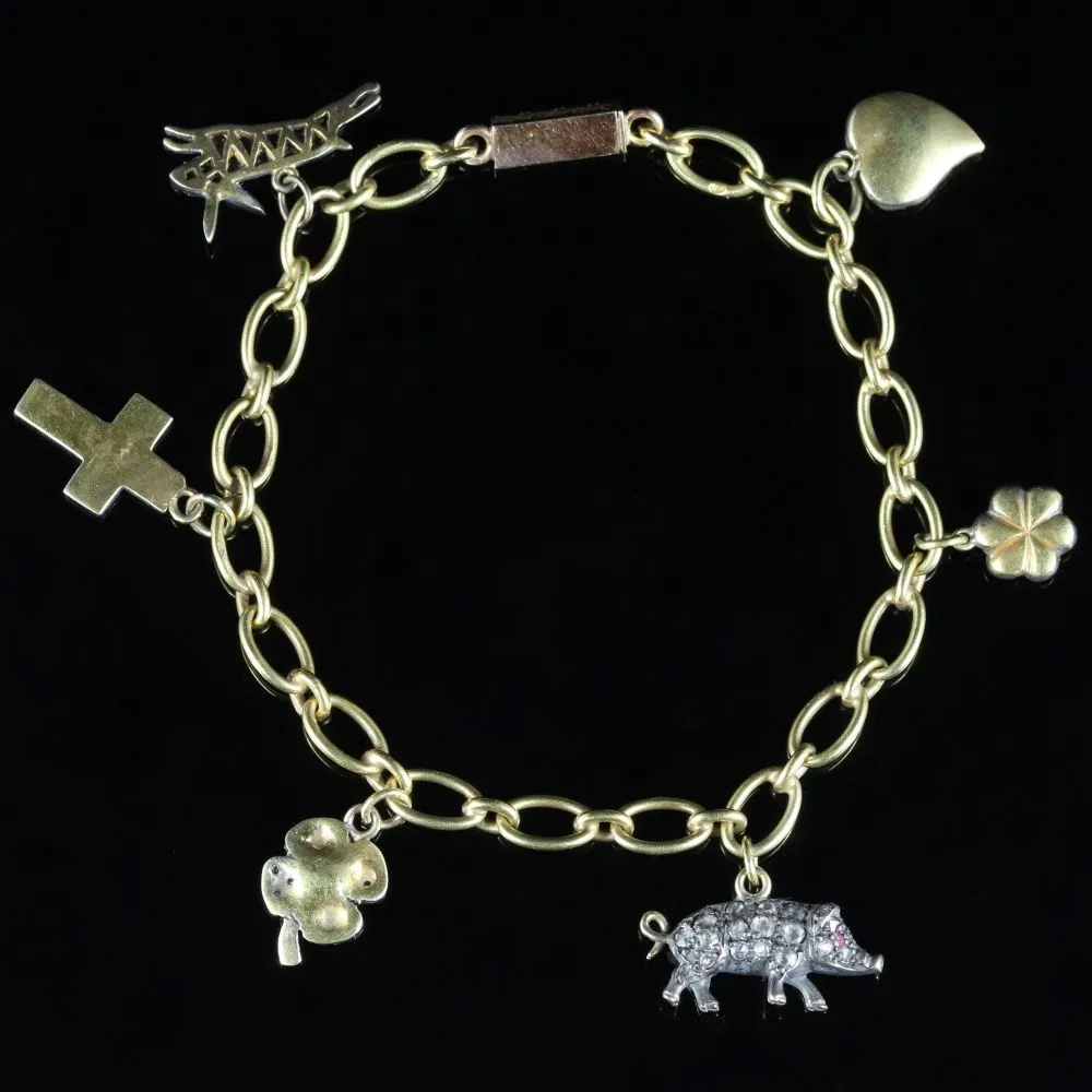 Antique Victorian Charm Bracelet Diamond 18Ct Gold Circa 1900