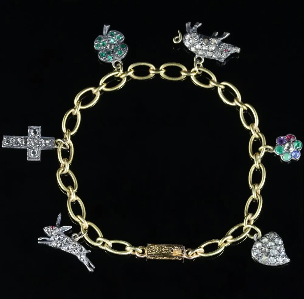 Antique Victorian Charm Bracelet Diamond 18Ct Gold Circa 1900