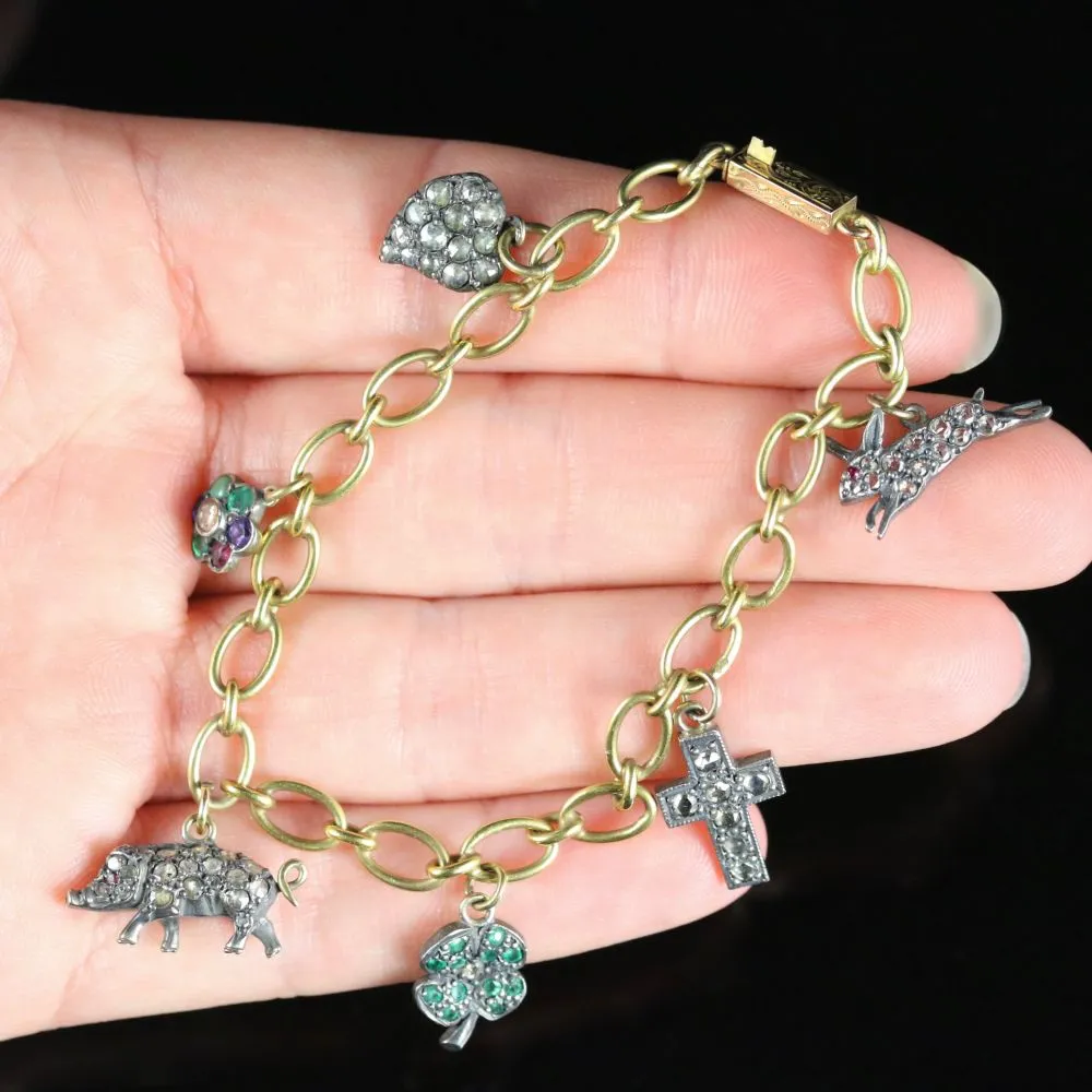Antique Victorian Charm Bracelet Diamond 18Ct Gold Circa 1900