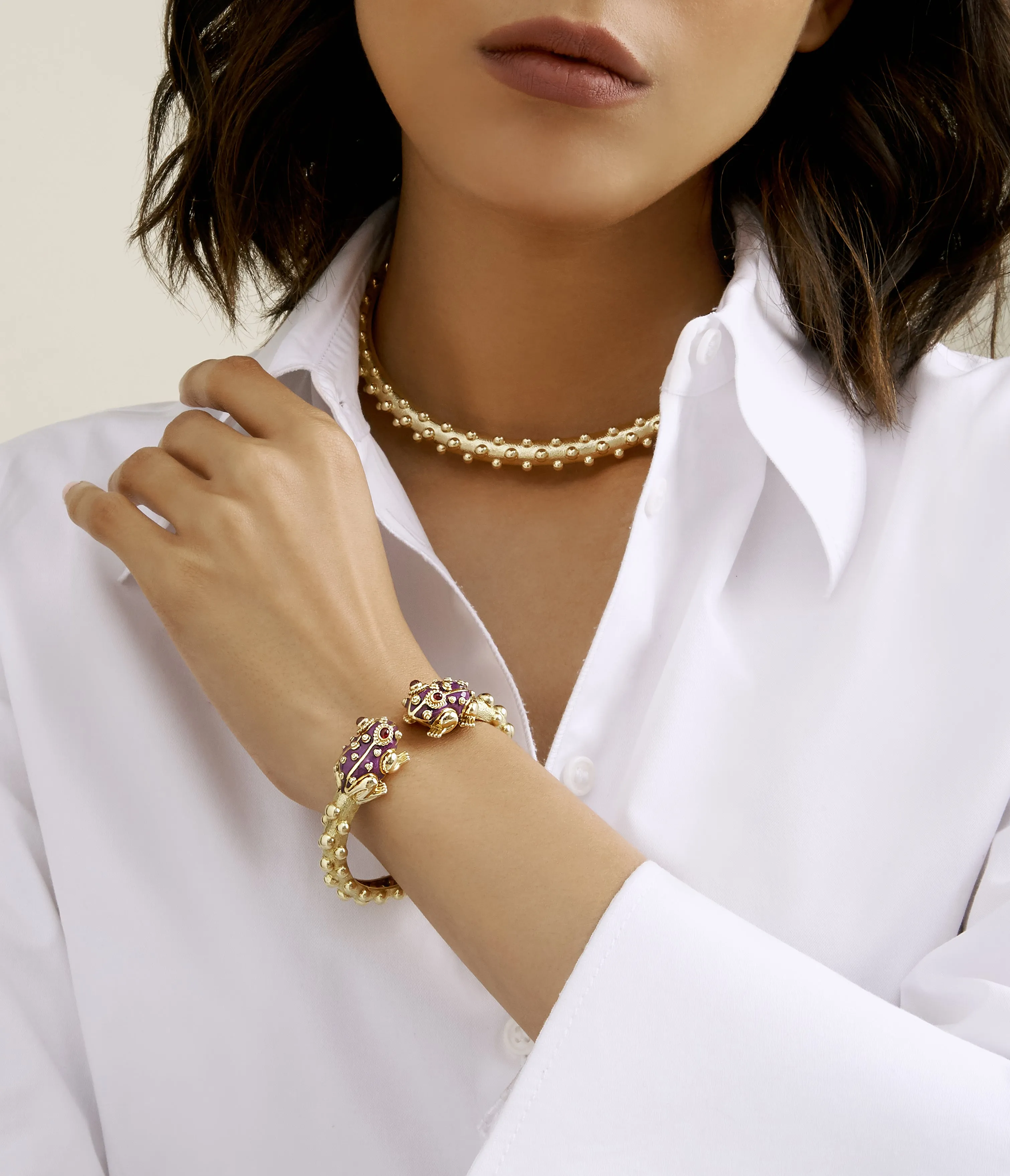 Baby Frog Bangle, Purple Enamel, Ruby