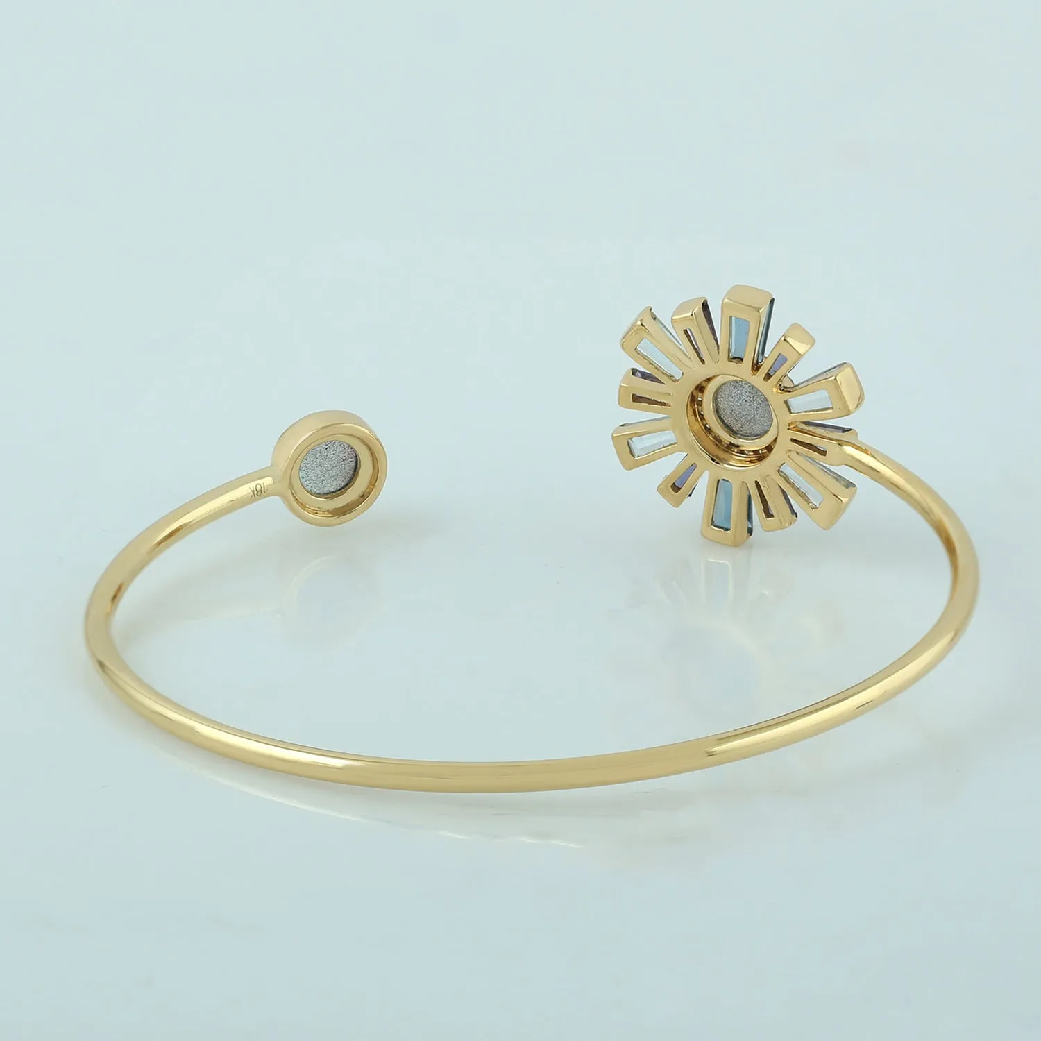 Baguette Cut Blue Topaz Iolite Round Labradorite Sunburst Cuff Bracelet In Yellow Gold