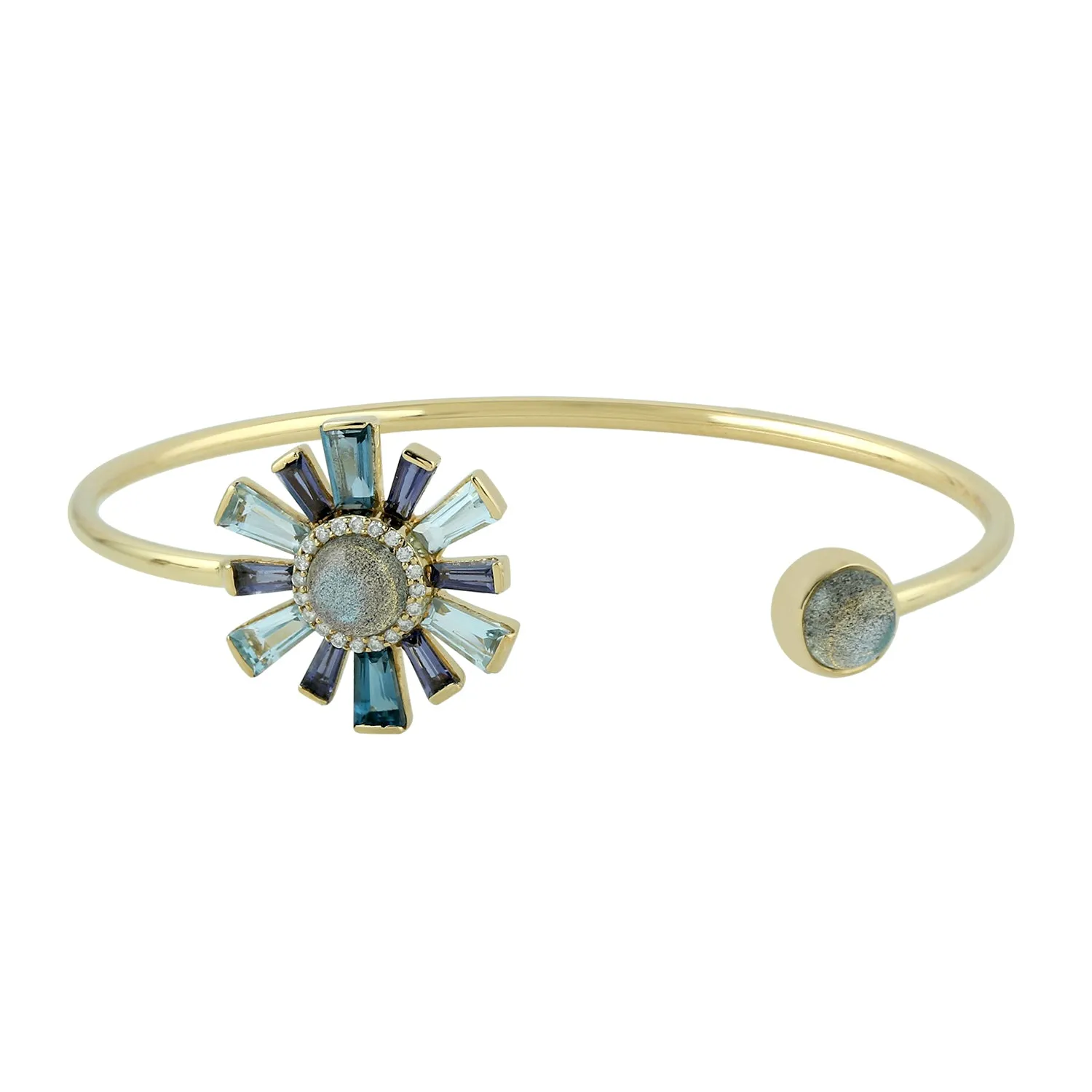 Baguette Cut Blue Topaz Iolite Round Labradorite Sunburst Cuff Bracelet In Yellow Gold