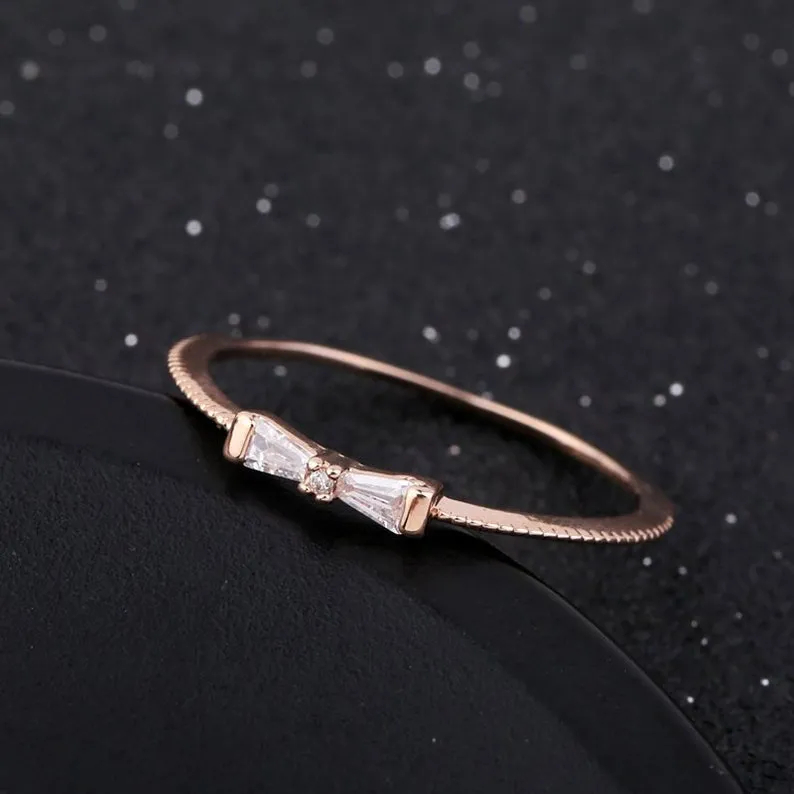 Baguette cut Moissanite engagement ring- Rose gold unique wedding band- diamond promise anniversary ring- gift for women-vintage jewelry