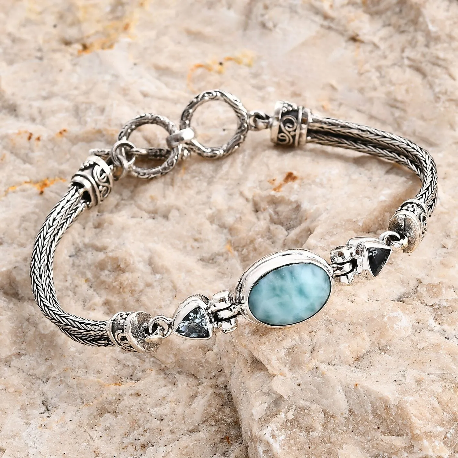 Balinese Natural Green Larimar & Sky Blue Topaz Bracelet – Communication & Inner Peace