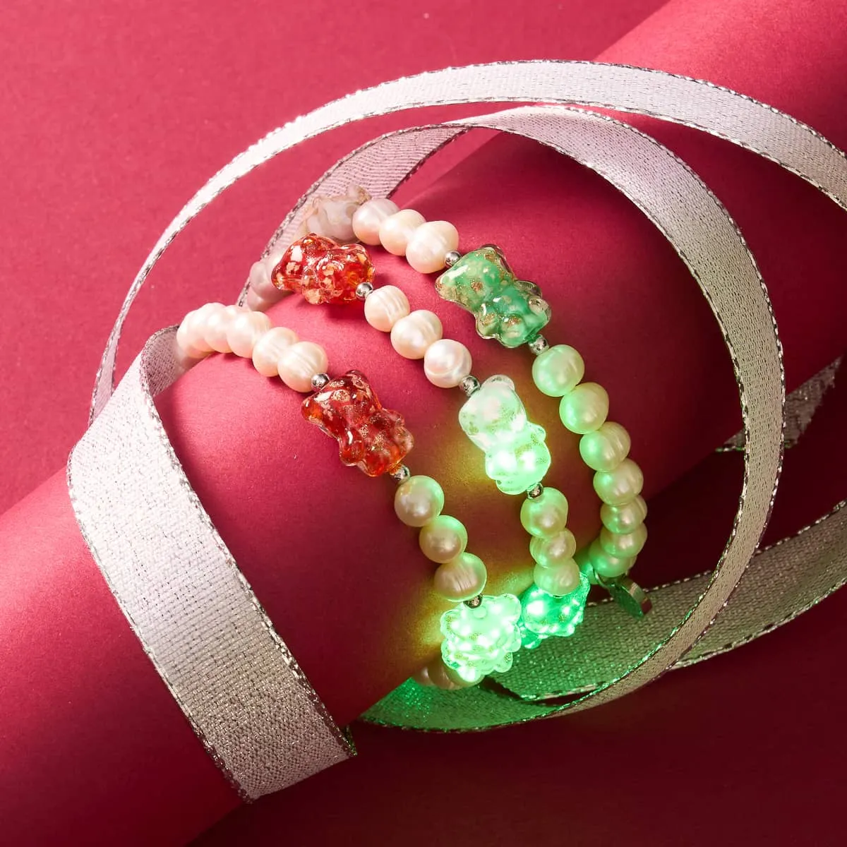 Beary Christmas | Silver | Pearl x Firefly Glass Bear Bracelet