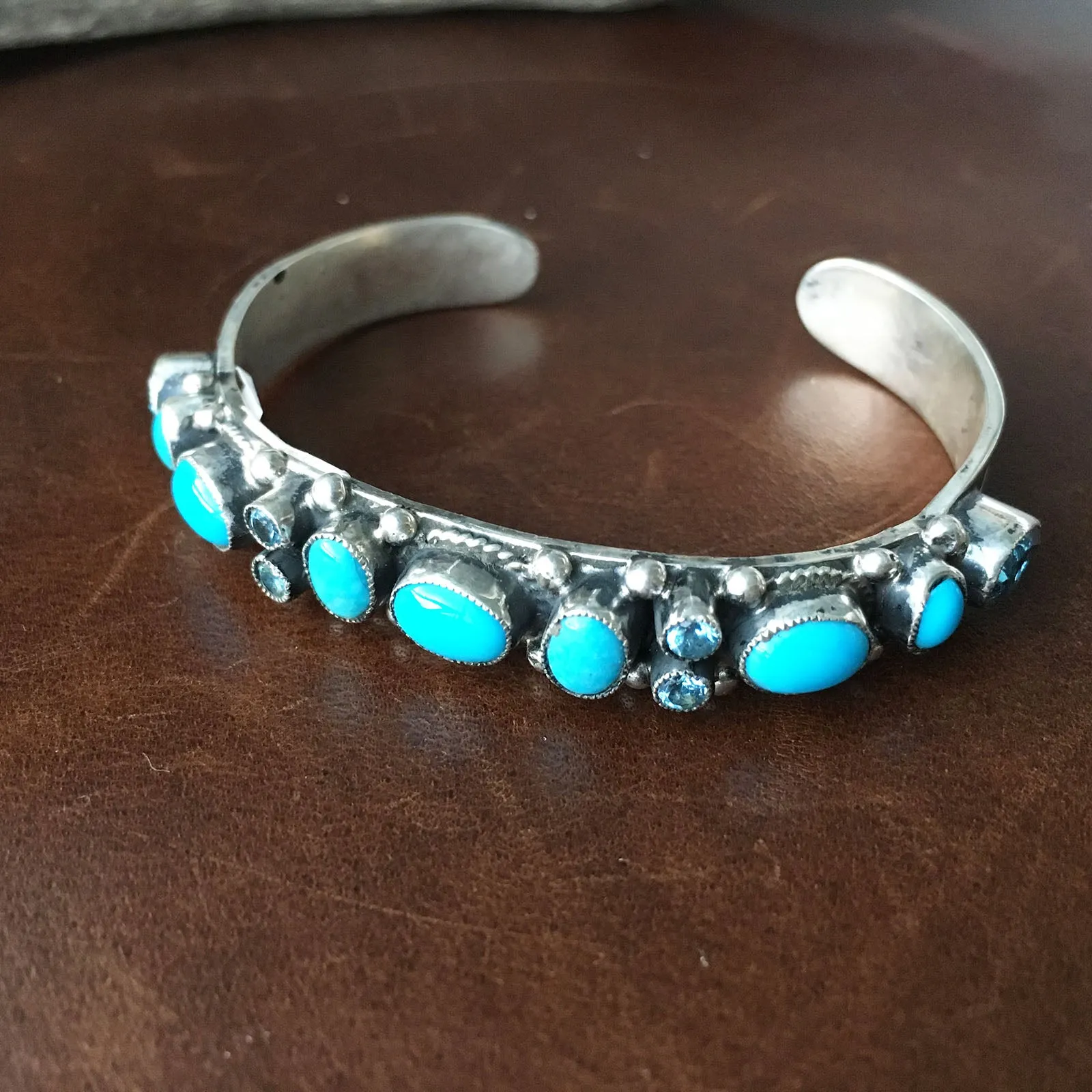Beautiful Mini Cluster Sleeping Beauty Turquoise with Blue Topaz Bangle Bracelet