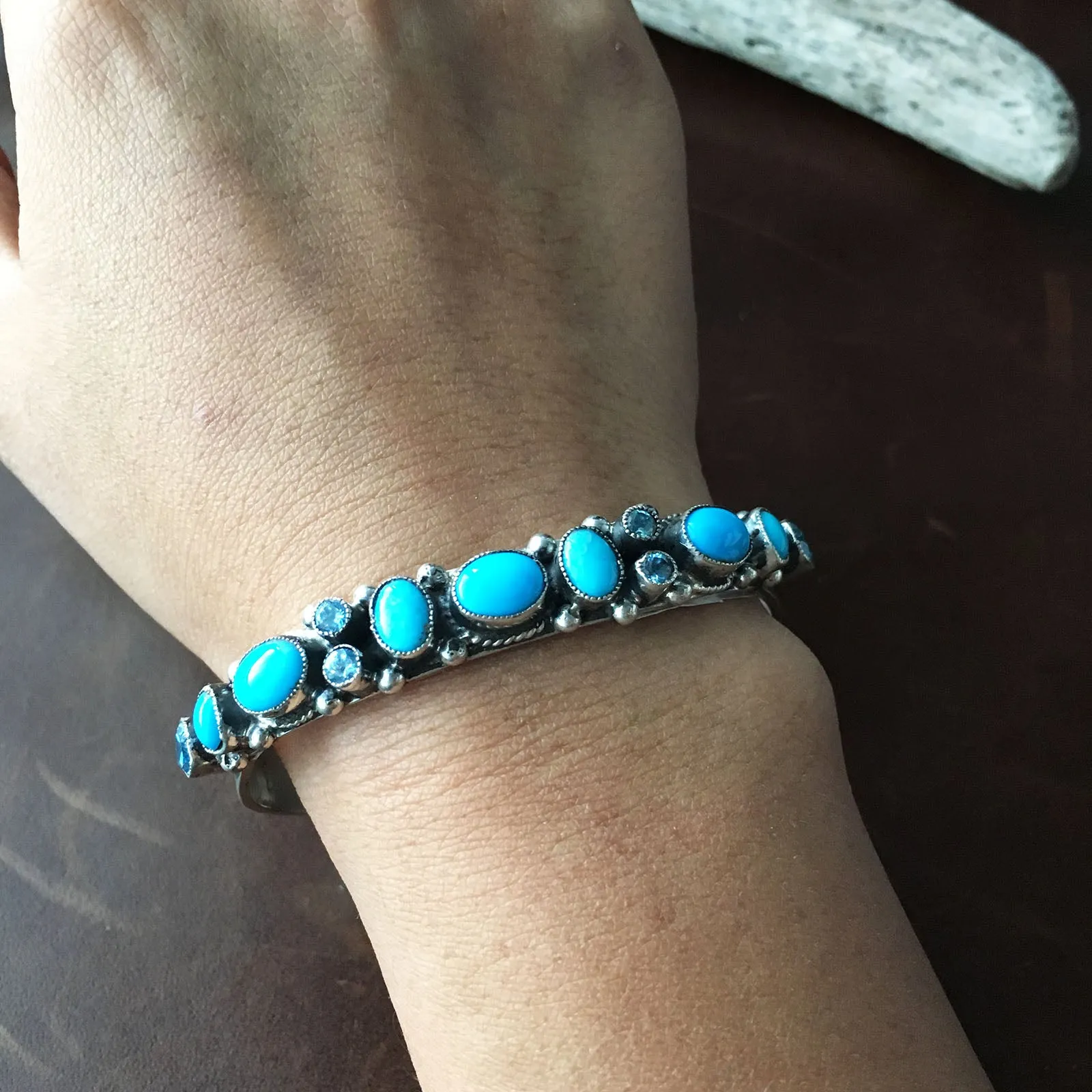 Beautiful Mini Cluster Sleeping Beauty Turquoise with Blue Topaz Bangle Bracelet