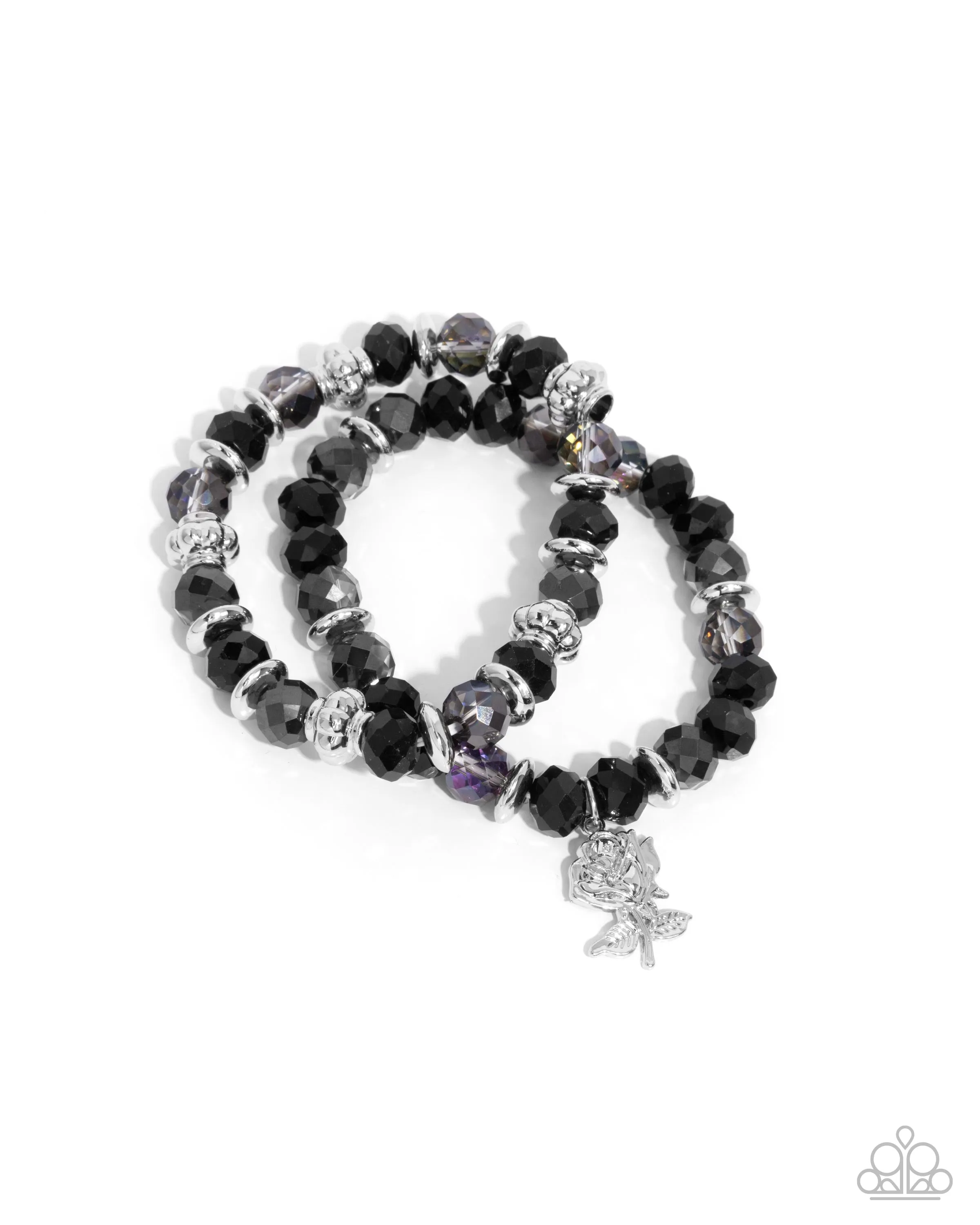 Beauty Contest - Black - Silver, and UV Bead Silver Rose Flower Paparazzi Stretchy Bracelet