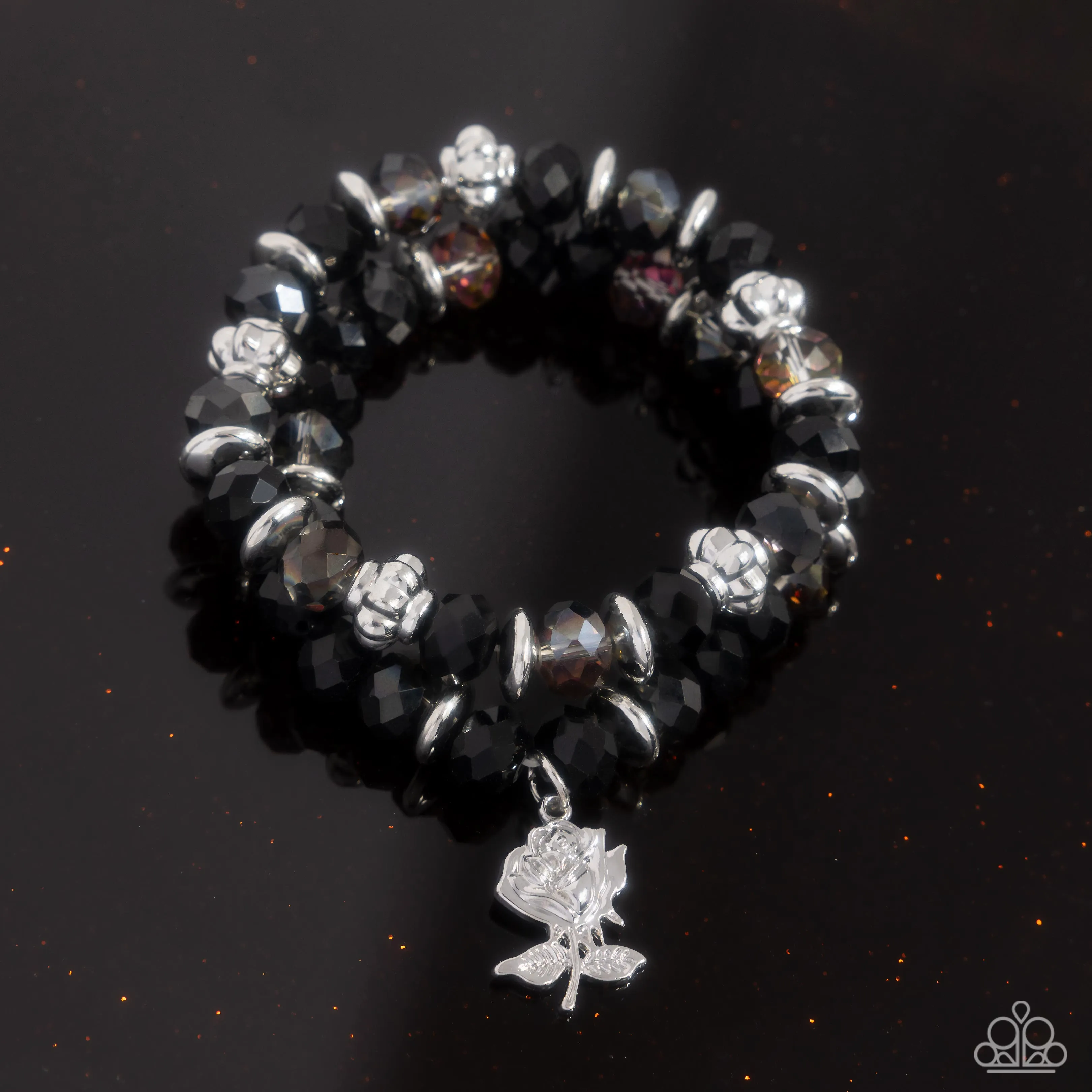 Beauty Contest - Black - Silver, and UV Bead Silver Rose Flower Paparazzi Stretchy Bracelet