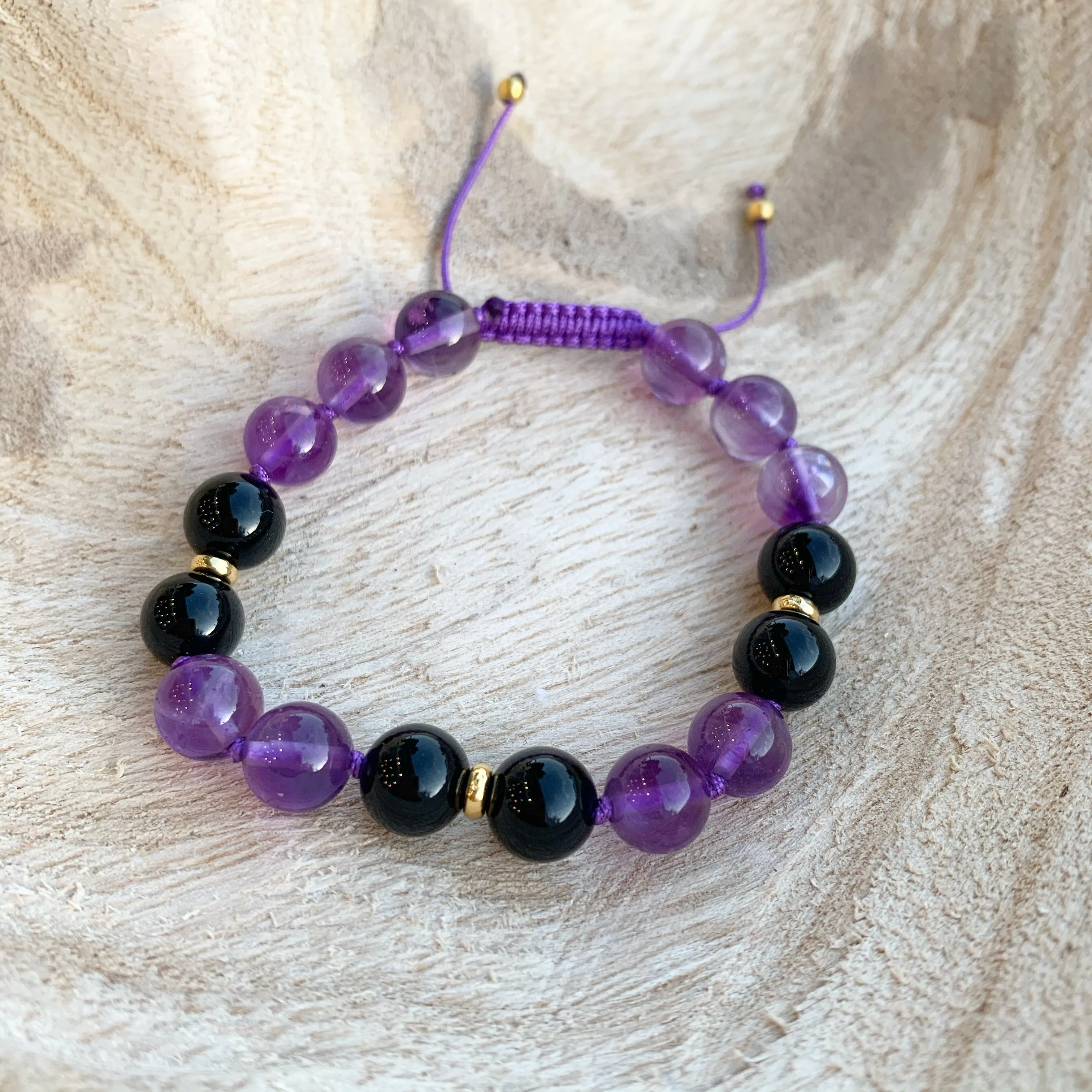 Black Onyx and Amethyst Adjustable Beaded Bracelet