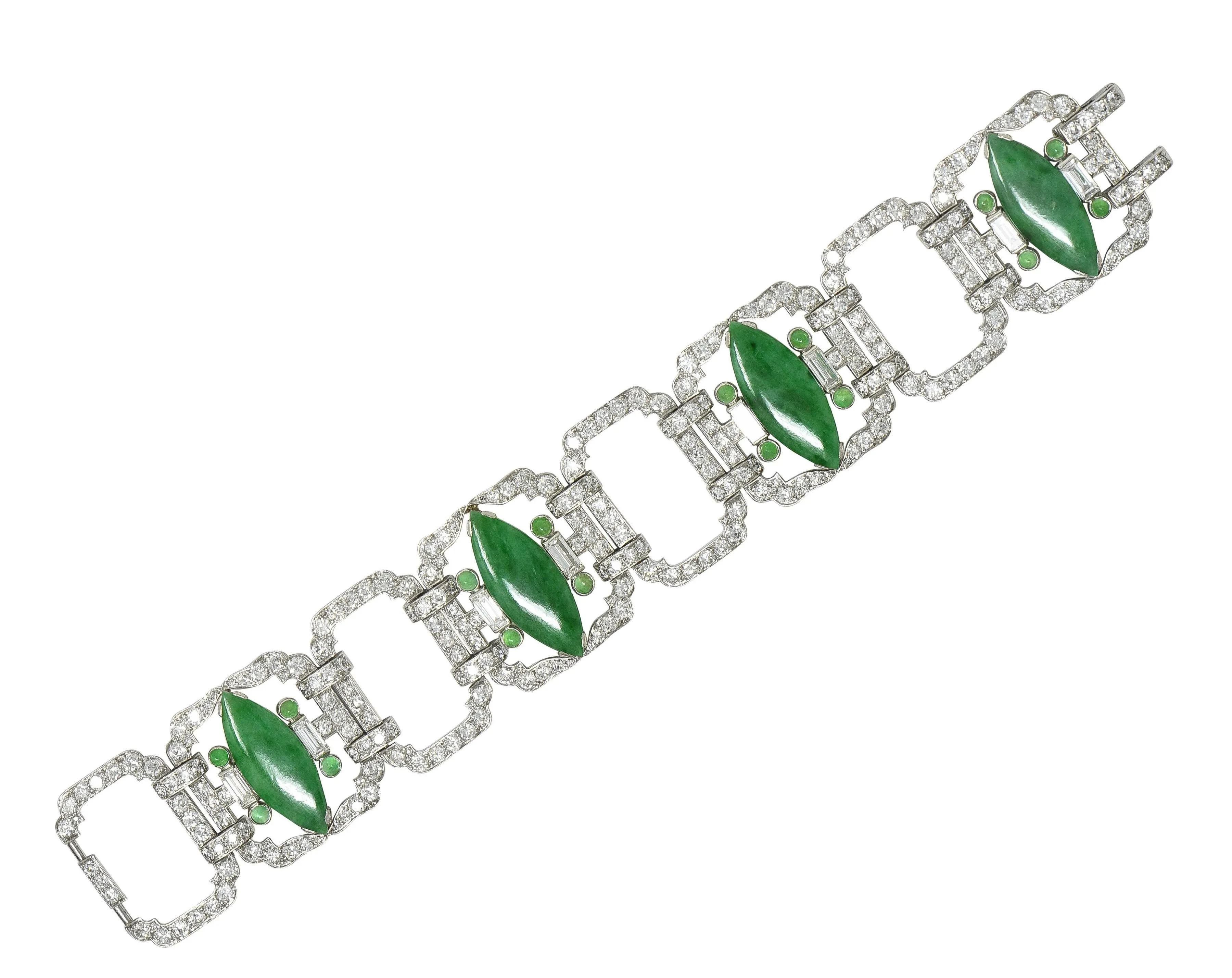Black Starr & Frost Art Deco 17.30 CTW Diamond Jadeite Jade Platinum Vintage Strap Link Bracelet