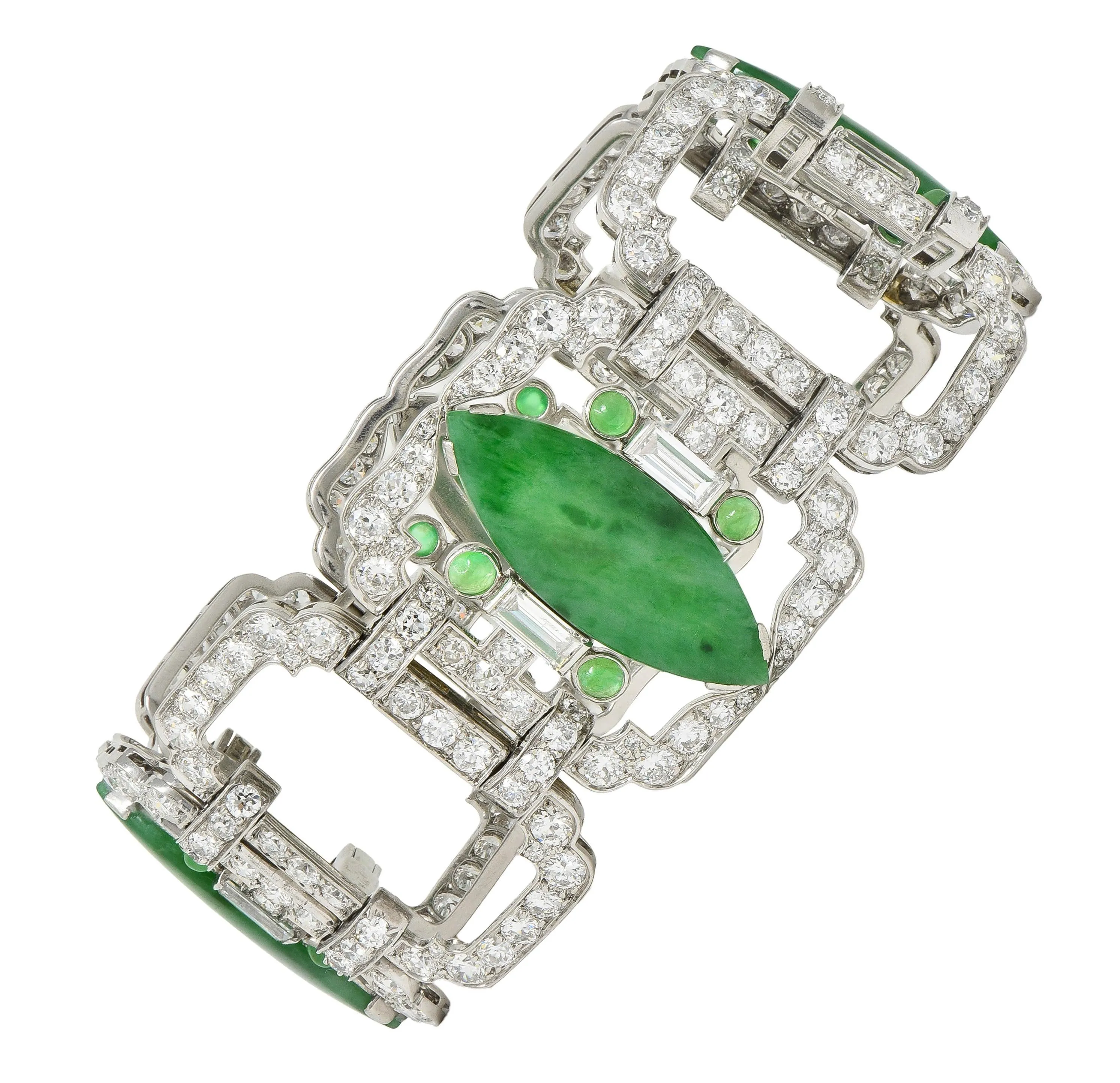 Black Starr & Frost Art Deco 17.30 CTW Diamond Jadeite Jade Platinum Vintage Strap Link Bracelet