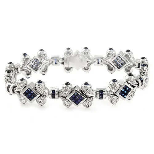 Blue & Cabochon Sapphire enhcanced with Round Diamond Bracelet,  18k White Gold
