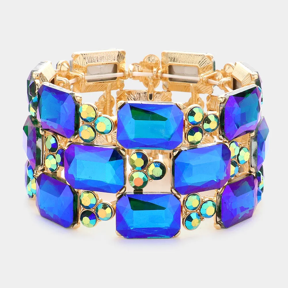 Blue-Green AB Emerald Cut Stone Accented Pageant Stretch Bracelet | Crystal Bracelet | 581616