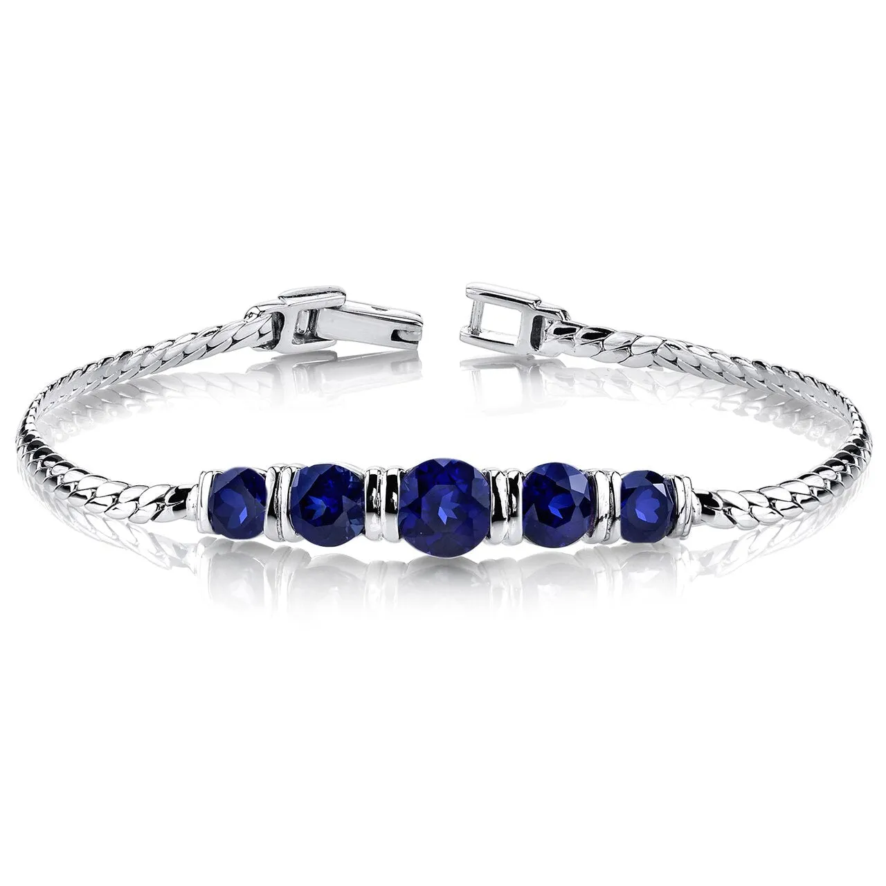 Blue Sapphire 5-Stone Bracelet Sterling Silver Round Shape 5 Carats