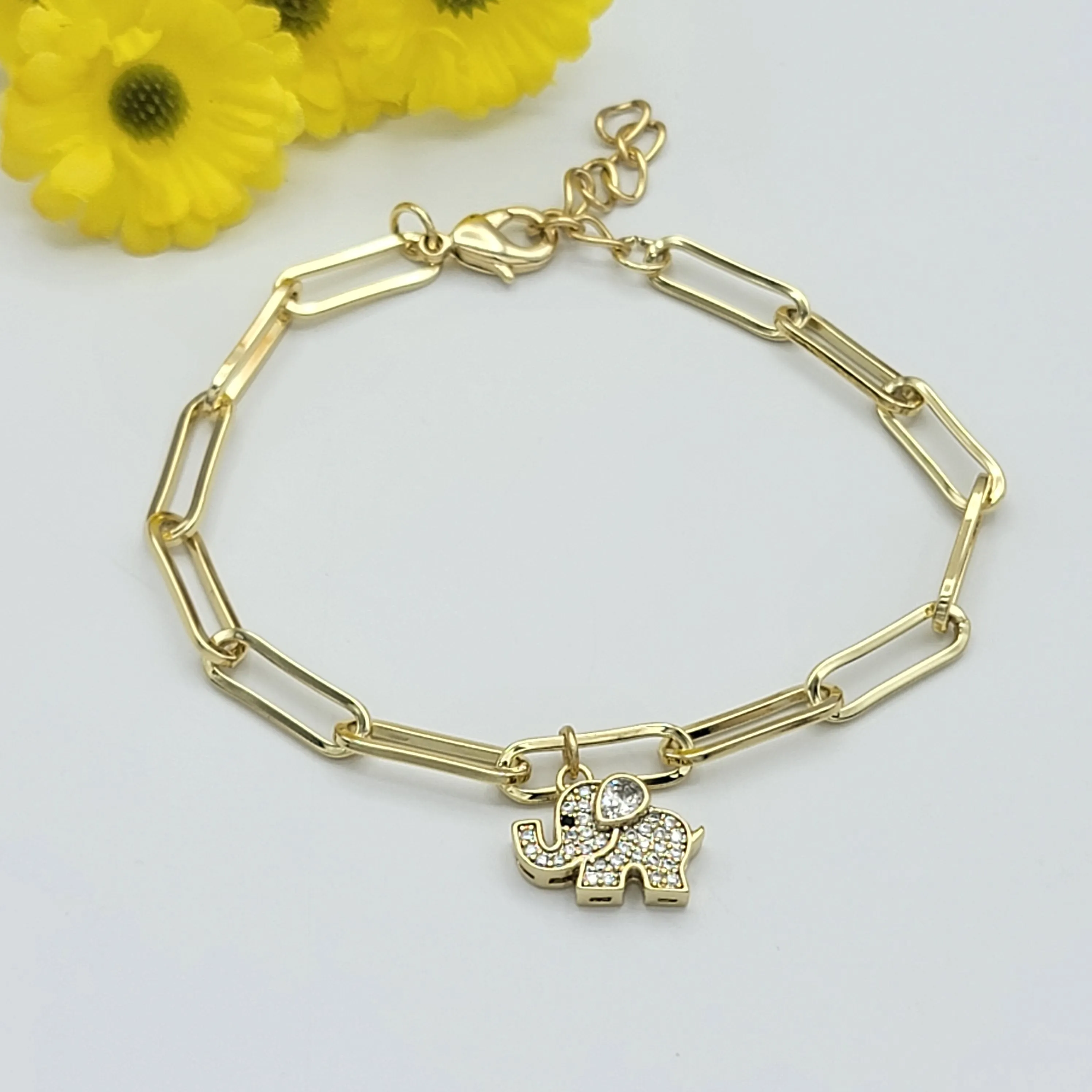 Bracelets - 14K Gold Plated. Cute Elephant Charm. Paperclip Chain style
