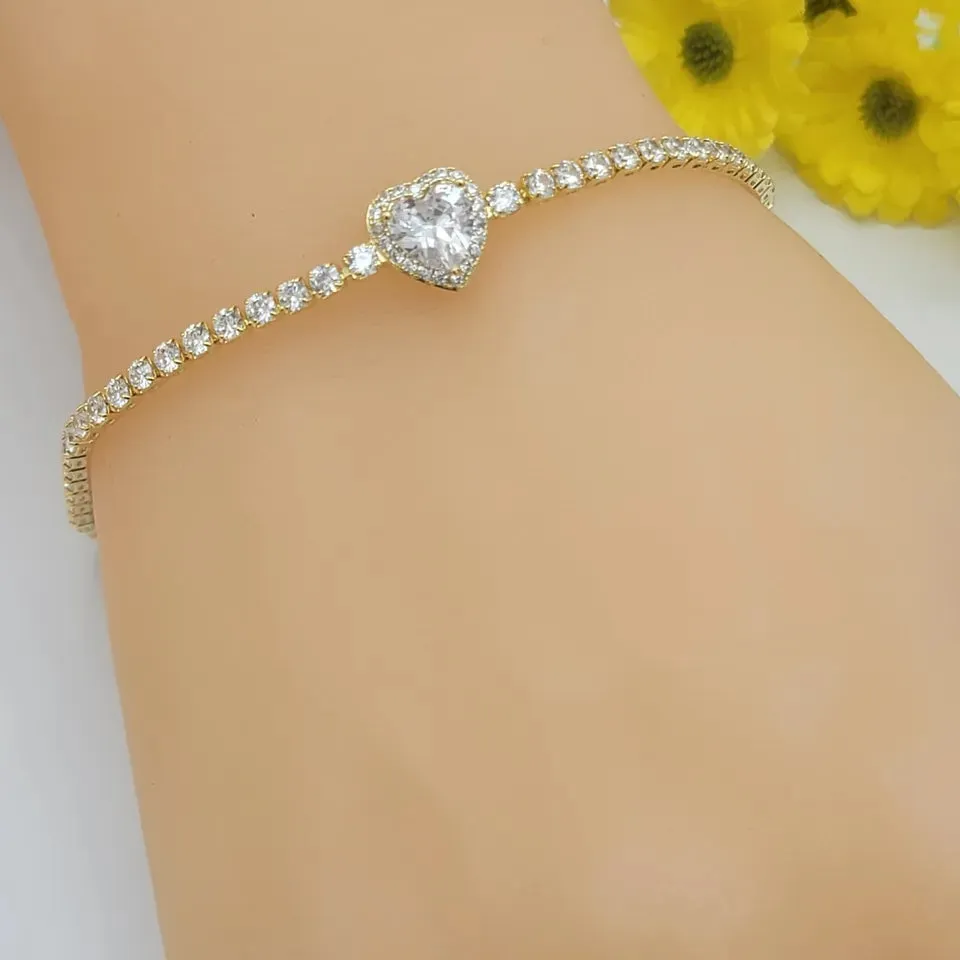 Bracelets - 14K Gold Plated. Icy CZ Heart Love Bracelet.