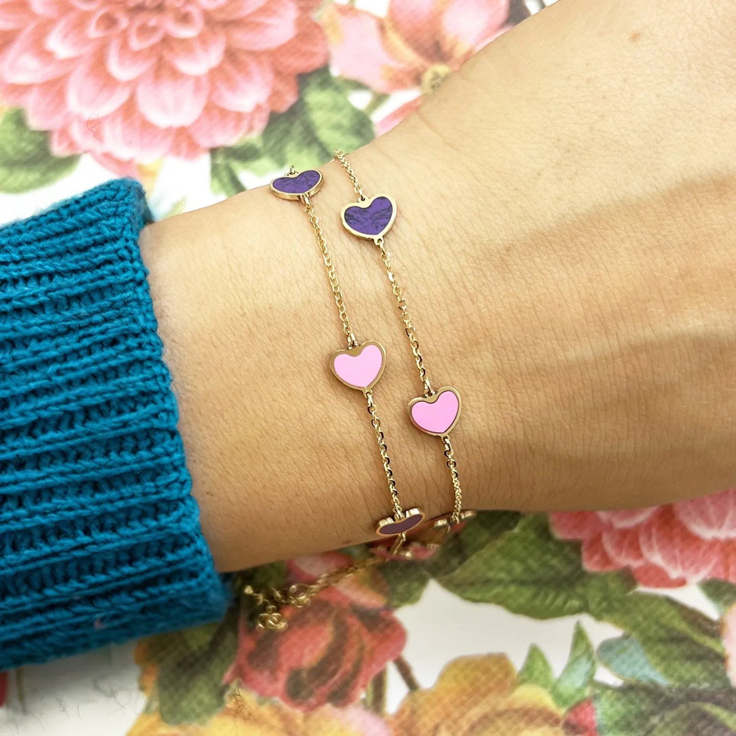 Bubblegum Pink and Amethyst Heart Station Bracelet