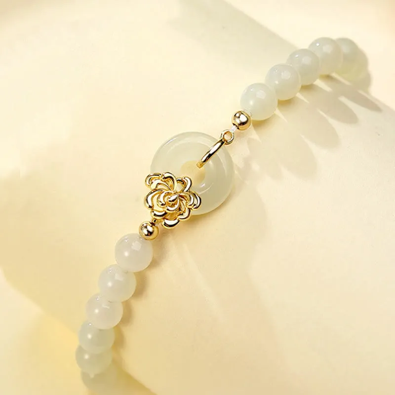 Buddha Stones 925 Sterling Silver Natural Hetian Jade Autumn Chrysanthemum Peace Buckle Prosperity Bracelet