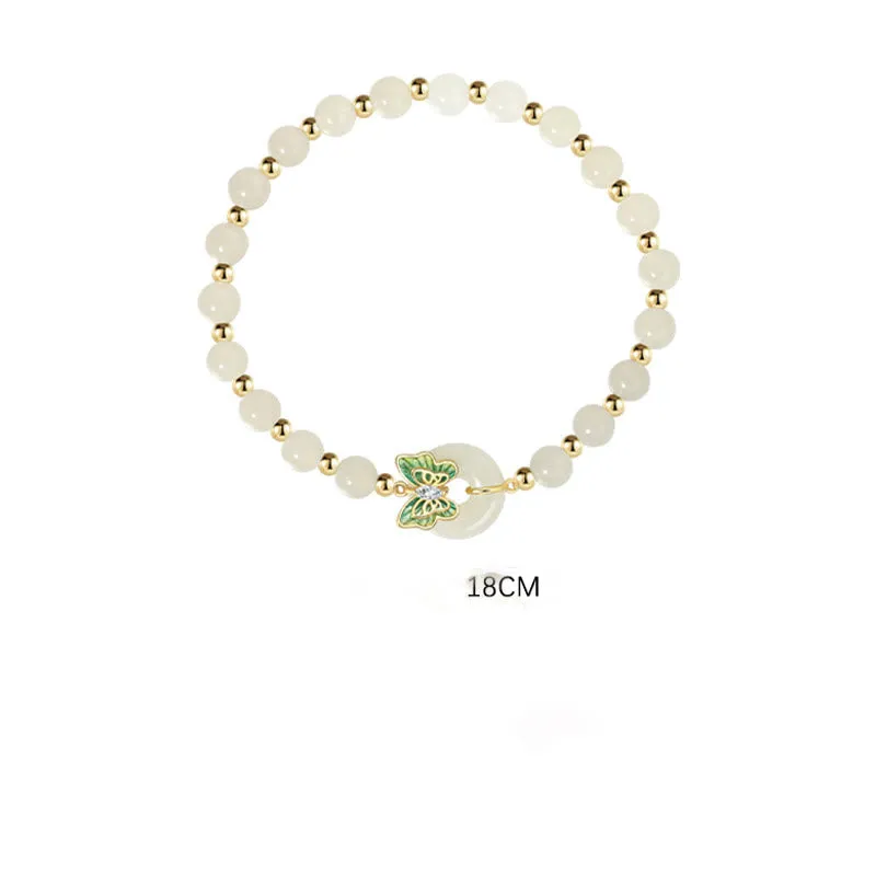 Buddha Stones 925 Sterling Silver Natural Hetian Jade Peace Buckle Butterfly Zircon Luck Bracelet Necklace Pendant