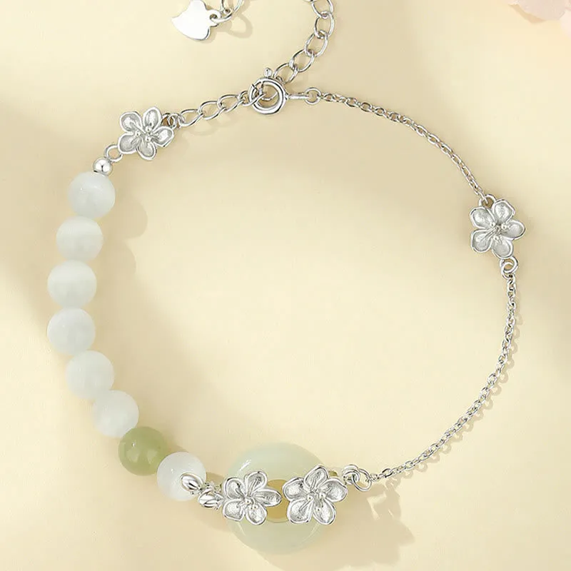 Buddha Stones 999 Sterling Silver Natural Hetian Jade Peace Buckle Peach Blossom Luck Bracelet