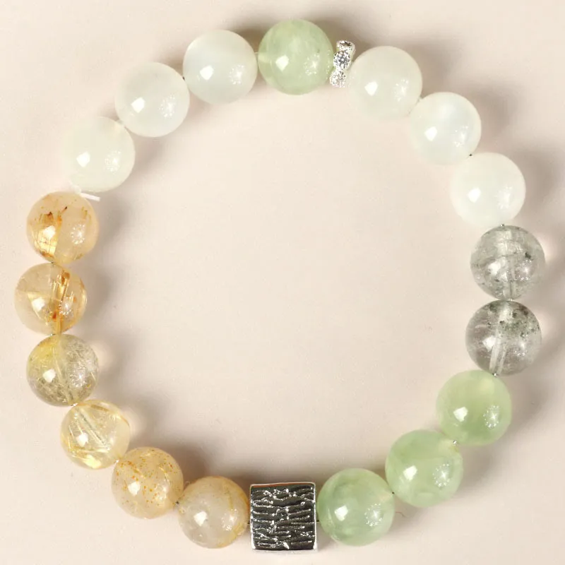 Buddha Stones Black Obsidian Black Rutilated Quartz Moonstone Cube Strength Bracelet