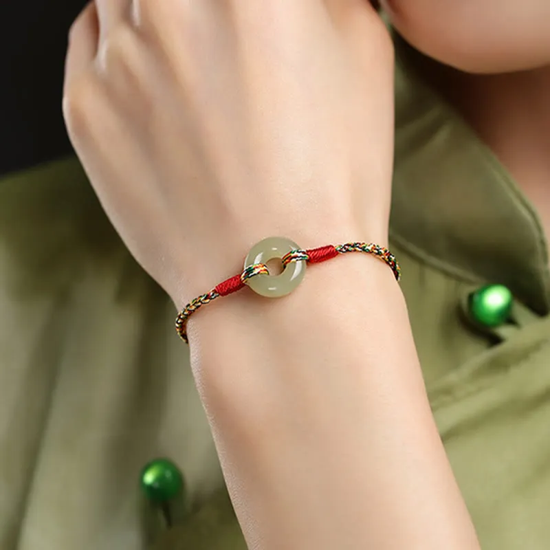 Buddha Stones Handmade Peace Buckle Jade Prosperity Colorful Rope Bracelet