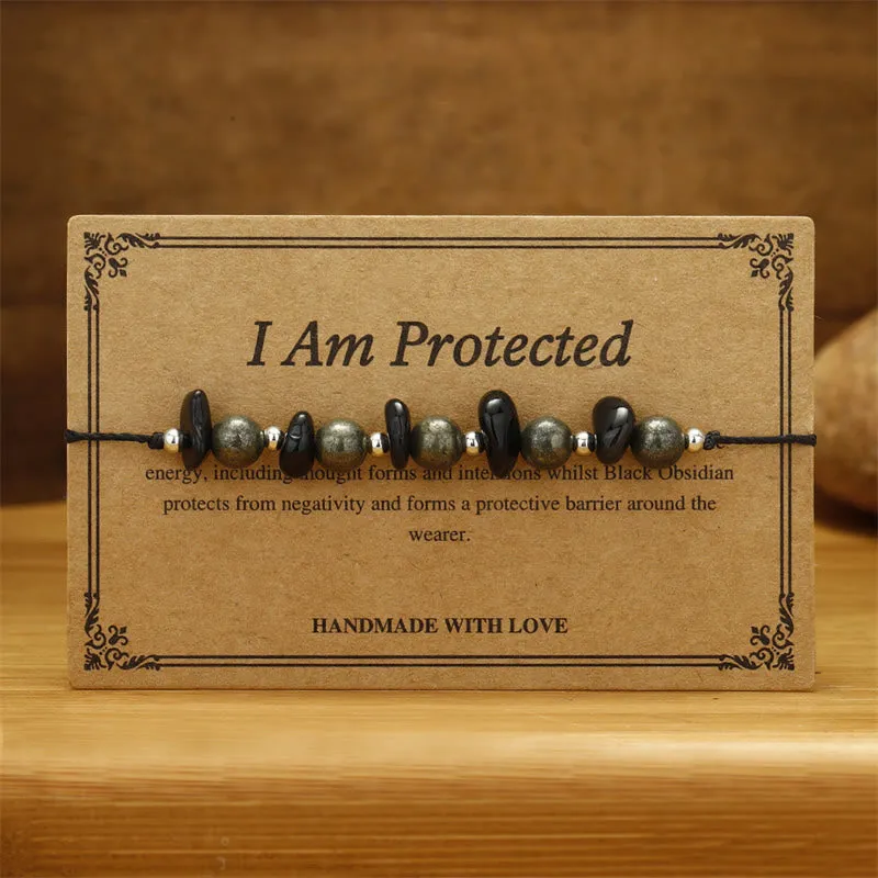 Buddha Stones I Am Protected Iron Pyrite Black Obsidian Fulfillment Bracelet