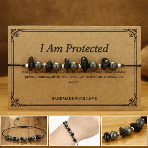 Buddha Stones I Am Protected Iron Pyrite Black Obsidian Fulfillment Bracelet