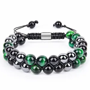 Buddha Stones Natural Green Tiger Eye Black Magnetite Black Obsidian Double Row Beads Positive Bracelet