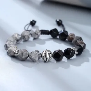 Buddha Stones Natural Irregular Cut Obsidian Grey Jasper 925 Sterling Silver Rolled Leaf Bead Protection Bracelet