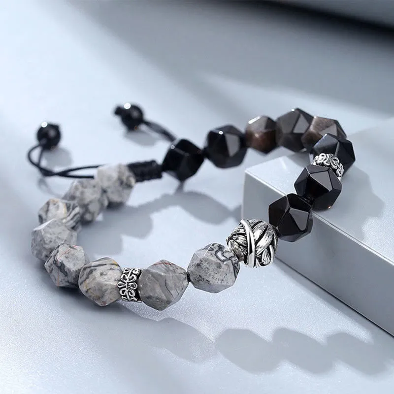 Buddha Stones Natural Irregular Cut Obsidian Grey Jasper 925 Sterling Silver Rolled Leaf Bead Protection Bracelet