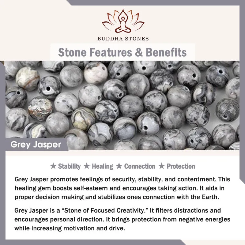 Buddha Stones Natural Irregular Cut Obsidian Grey Jasper 925 Sterling Silver Rolled Leaf Bead Protection Bracelet