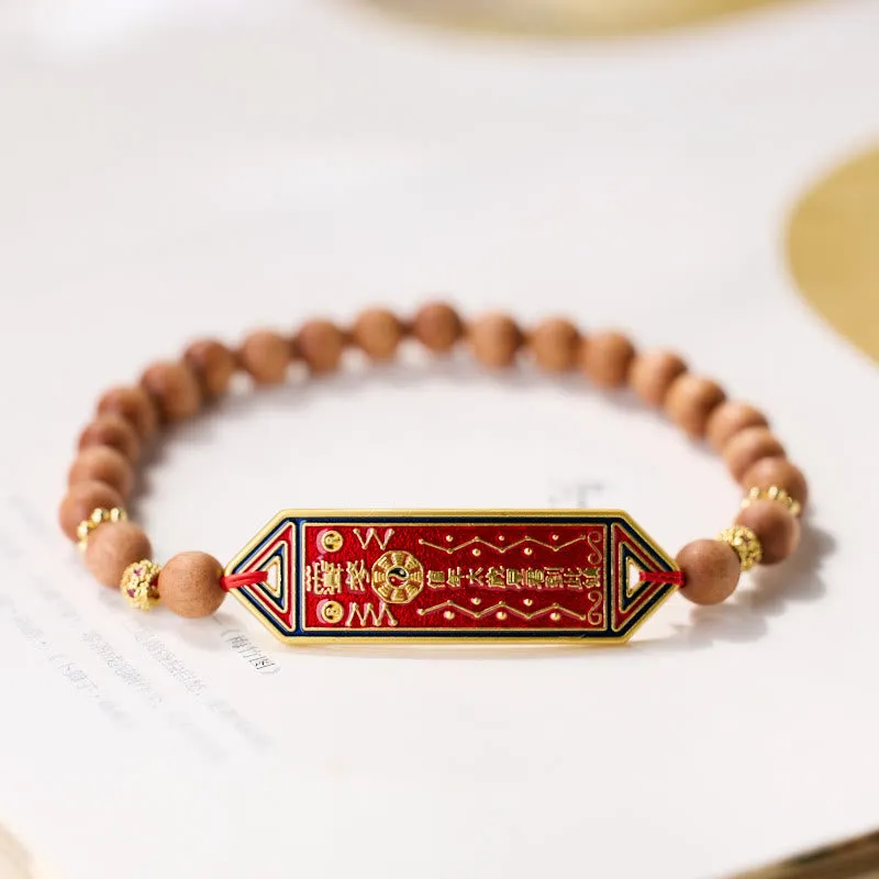 Buddha Stones Sandalwood Wood Bead Gold Plated Copper Bagua Yin Yang Chinese Character Harmony Bracelet