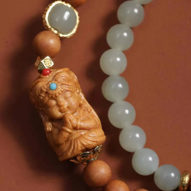 Buddha Stones Tibetan Zakiram Goddess Of  Wealth Hetian Jade Sandalwood Prosperity Bracelet