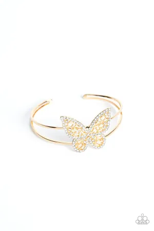 Butterfly Bella - Gold - White Rhinestone Paparazzi Cuff Bracelet
