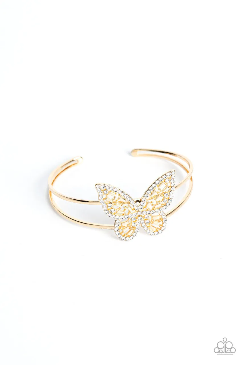 Butterfly Bella - Gold - White Rhinestone Paparazzi Cuff Bracelet