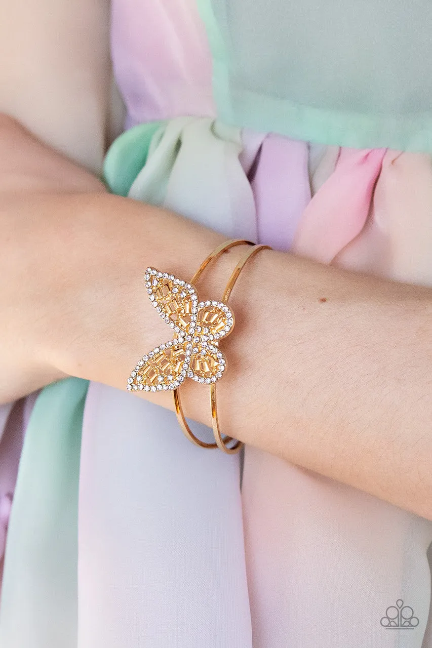 Butterfly Bella - Gold - White Rhinestone Paparazzi Cuff Bracelet