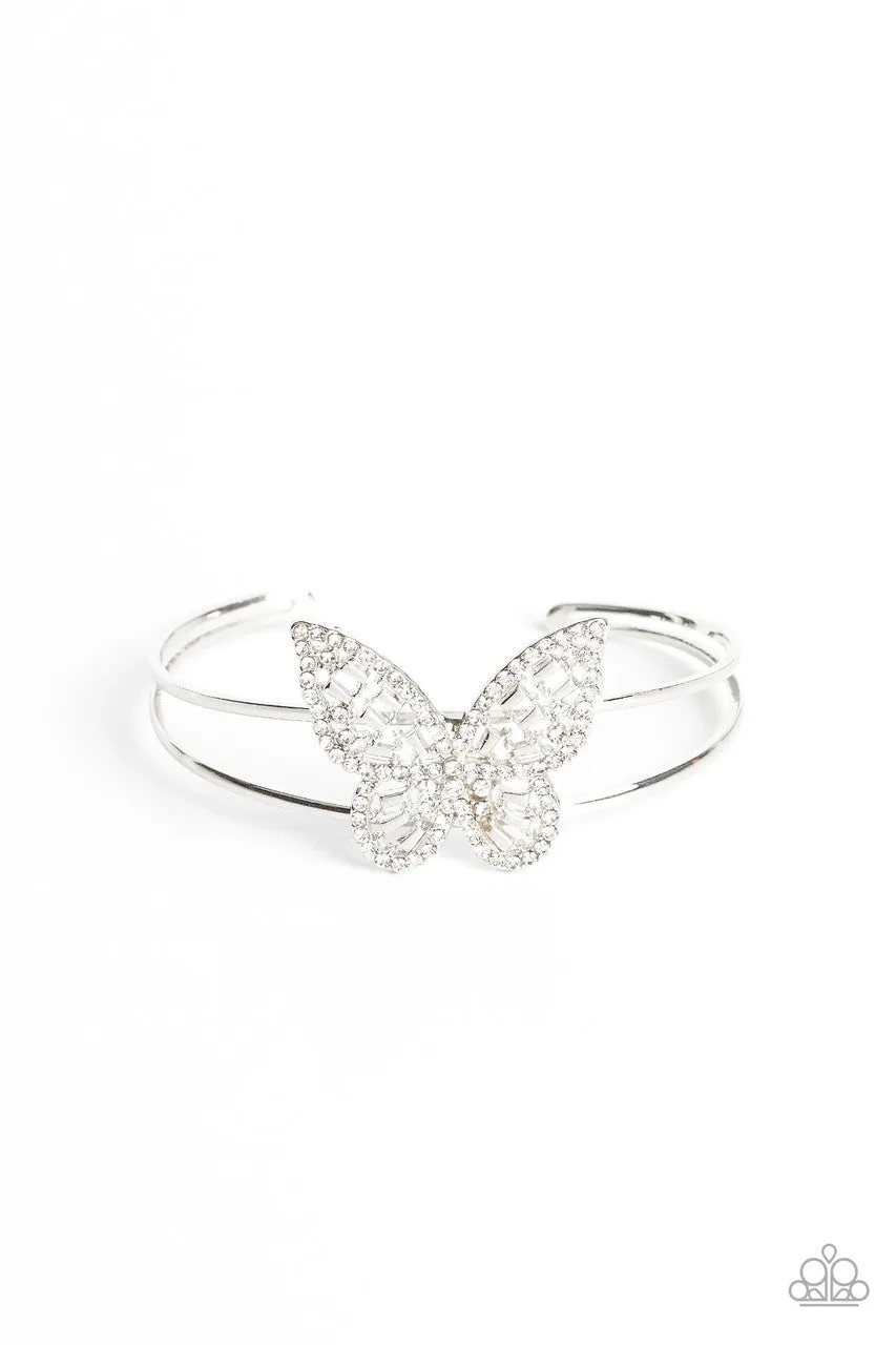 Butterfly Bella - White - Rhinestone Paparazzi Cuff Bracelet